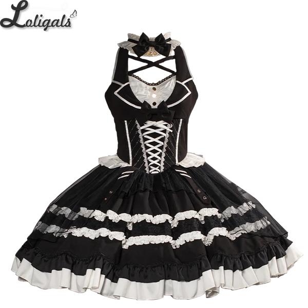 Retro Style Lolita JSK Dress Vintage Black and White Doll Style Mini Halter Neck Dress by Retro Style Lolita JSK Dress Vintage Black and White Doll Style Mini Halter Neck Dress by