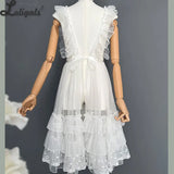 Sheer Mesh Cover up JSK Dress Sweet Lolita Ruffled Apron Maid Costume w. Lace Trimming