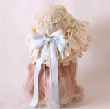 Sweet Vintage Lolita Hat Wide Lace Trim Doll Sun Protection Beach Hat w. Big Bow