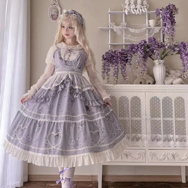 Classic Lolita JSK Dress ~ Holy Rose ~ Elegant Printed Long Dress with Mesh Waist Curtain