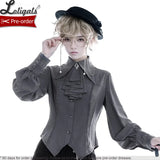 Retro Lolita Shirt Vintage Medieval Long Bishop Sleeve Prince Blouse w. Ruffled Bow-tie by Princess Chronicles ~ Black & Blue
