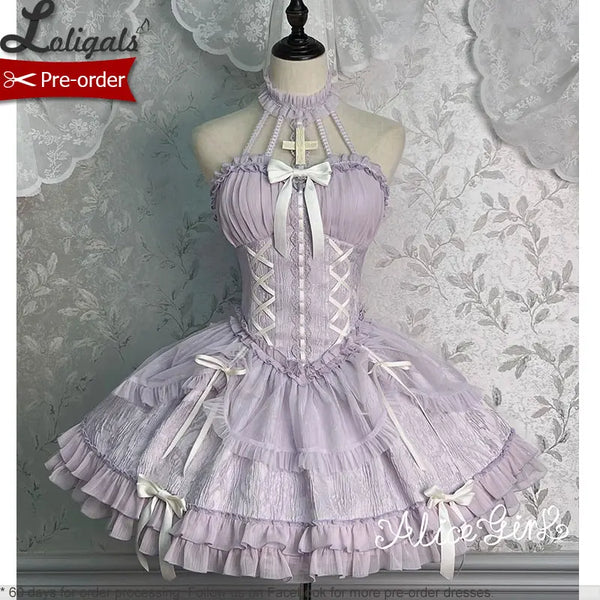 Pre-order Sweet Halter Neck Lolita JSK Dress Purple Corset Mini Party Dress by Alice Girl ~ The Cross