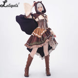 Steampunk Huntress Costume Long Sleeve Cold Shoulder Dress W. Waist Corset & Hooded Cape by Ocelot ~ Hunting Game