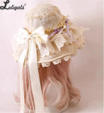 Sweet Vintage Lolita Hat Wide Lace Trim Doll Sun Protection Beach Hat w. Big Bow