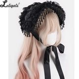 Gothic Halloween Bonnet Hat Lolita Handmade Pearl Tassel Lace Rose Black Hat