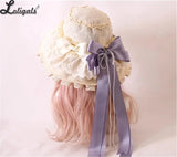 Sweet Vintage Lolita Hat Wide Lace Trim Doll Sun Protection Beach Hat w. Big Bow