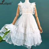 Sheer Mesh Cover up JSK Dress Sweet Lolita Ruffled Apron Maid Costume w. Lace Trimming