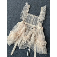 Vintage Lolita Polka Dotted Apron Sheer Mesh Cover up Dress