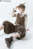 Cool Brown Lolita Ouji Outfit Cute Vest / Long Sleeve Shirt / Cropped Loose Harem Pants by Princess Chronicles