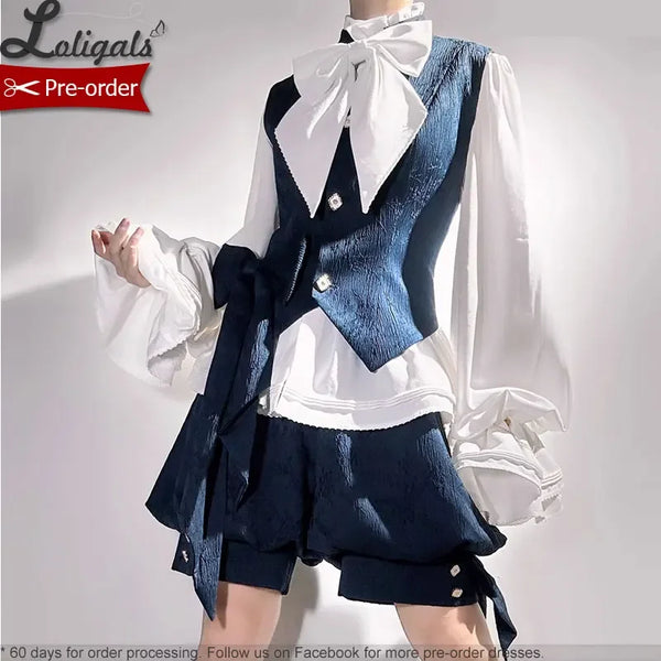 Ouji Lolita Outfit Vintage Royal Blue Hooded Cloak Cape / Bloomer Shorts / Vest by Princess Chronicles ~ Rabbit Run