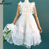 Sheer Mesh Cover up JSK Dress Sweet Lolita Ruffled Apron Maid Costume w. Lace Trimming