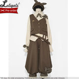 Cool Brown Lolita Ouji Outfit Cute Vest / Long Sleeve Shirt / Cropped Loose Harem Pants by Princess Chronicles