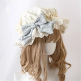 Vintage Bonnet Hat Woman Girl Handmade Antique Doll Lolita Bow Beige Sun Protection Bonnet Hat Night Cap
