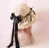 Sweet Vintage Lolita Hat Wide Lace Trim Doll Sun Protection Beach Hat w. Big Bow