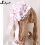 Pink Silk Satin Lolita Top Hat Hair Clips W. Bow
