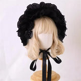 Gothic Bonnet Hat Red Black Classic Lolita Lace Ruffled Bow Hat