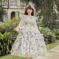 Classic Lolita JSK Dress ~ Holy Rose ~ Elegant Printed Long Dress with Mesh Waist Curtain