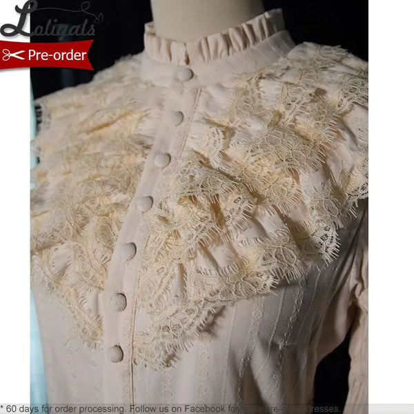 Pre-order Ruffled High Collar Lolita Shirt Long Bioshop Sleeve Top by Alice Girl ~ Treasure Hunt