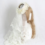 Sweet Lolita Mini Fascinator Hat Wedding Flat Top Hat W. Lace Veil ~ Cream Cake
