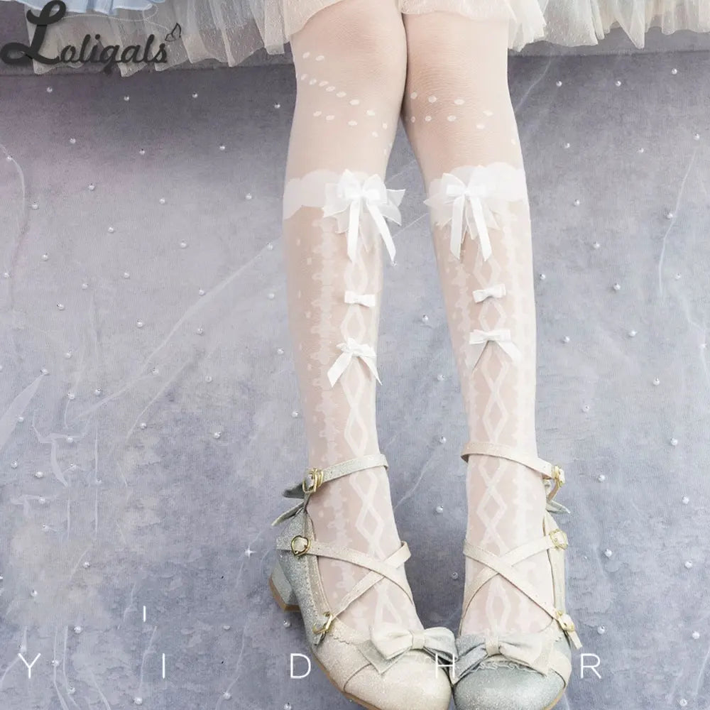 wedding pantyhose Sweet Bridal Pantyhose Long Lolita Summer Gothic Y2K Stockings with Bow-knot by Yidhra ~ Flower's Wedding Dress