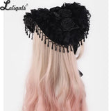 Gothic Halloween Bonnet Hat Lolita Handmade Pearl Tassel Lace Rose Black Hat