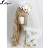 Sweet Lolita Mini Fascinator Hat Wedding Flat Top Hat W. Lace Veil ~ Cream Cake