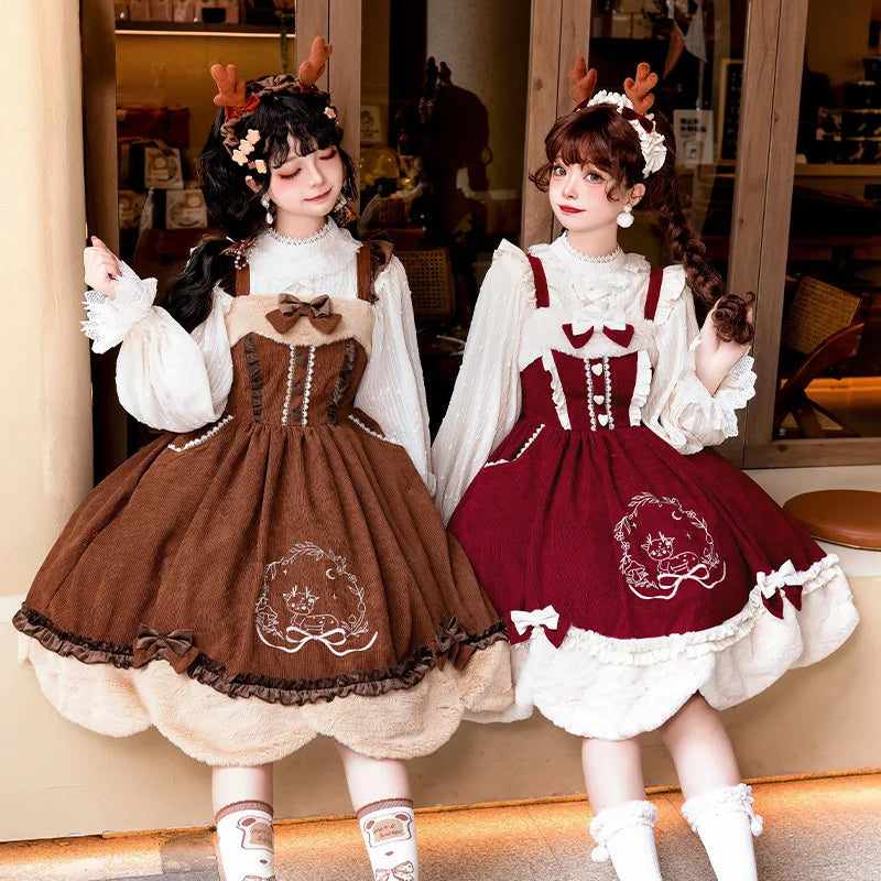 Sweet Lolita Dress - Autumn Deer Song Embroidered Corduroy JSK Dress