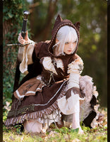 Steampunk Huntress Costume Long Sleeve Cold Shoulder Dress W. Waist Corset & Hooded Cape by Ocelot ~ Hunting Game