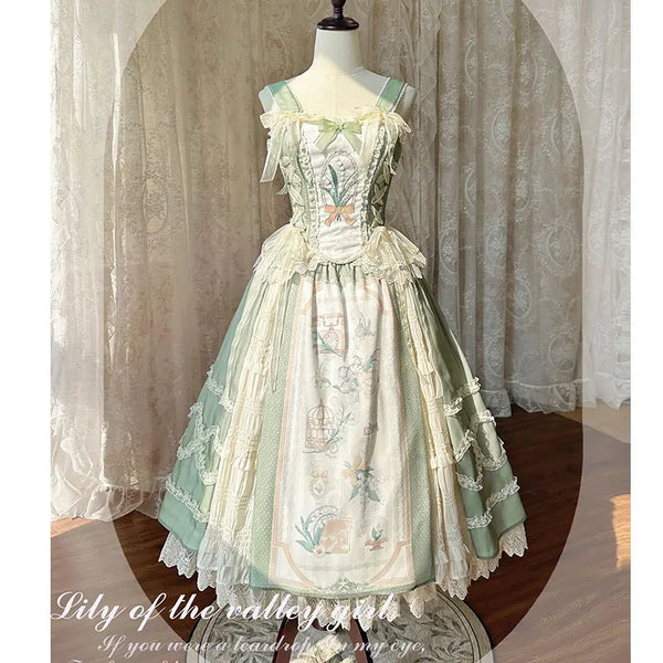 Lily of the Valley Girl ~ Sweet Printed Lolita Corset Top & Long Side Split Skirt Set by Alice Girl ~ Pre-order