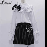 Ouji Lolita Outfit High Low Waist Cincher / Long Sleeve White Shirt / Striped Shorts / Bow Train ~ Rabbit Theater Corset Costume