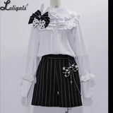 Ouji Lolita Outfit High Low Waist Cincher / Long Sleeve White Shirt / Striped Shorts / Bow Train ~ Rabbit Theater Corset Costume