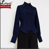 Retro Lolita Shirt Vintage Medieval Long Bishop Sleeve Prince Blouse w. Ruffled Bow-tie by Princess Chronicles ~ Black & Blue