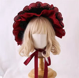 Gothic Bonnet Hat Red Black Classic Lolita Lace Ruffled Bow Hat