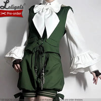 Ouji Lolita Outfit Retro Vine Green Long Bunny Ear Hooded Vest / Cosplay Bloomer Shorts / Tassel Cape by Princess Chronicles