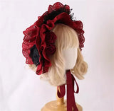 Gothic Bonnet Hat Red Black Classic Lolita Lace Ruffled Bow Hat