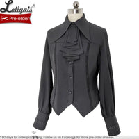 Retro Lolita Shirt Vintage Medieval Long Bishop Sleeve Prince Blouse w. Ruffled Bow-tie by Princess Chronicles ~ Black & Blue