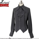 Retro Lolita Shirt Vintage Medieval Long Bishop Sleeve Prince Blouse w. Ruffled Bow-tie by Princess Chronicles ~ Black & Blue
