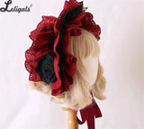 Gothic Bonnet Hat Red Black Classic Lolita Lace Ruffled Bow Hat