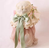 Sweet Vintage Lolita Hat Wide Lace Trim Doll Sun Protection Beach Hat w. Big Bow