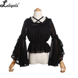 Sweet Women's Chiffon Blouse Flare Sleeve Cross Neck Lolita Top for Summer