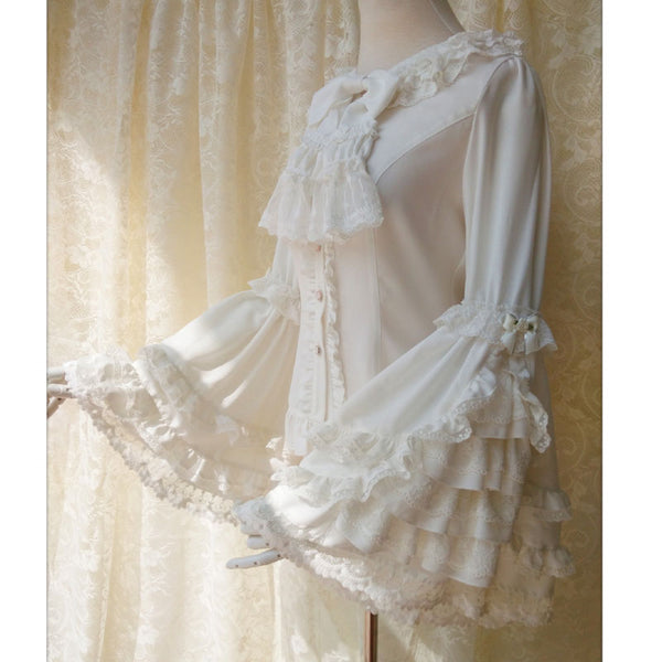 Vintage Thick Women's Cream Chiffon Blouse with Gorgeous Lace Flare Sleeve by Yiliya