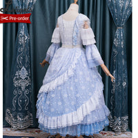 Frozen Throne ~ Fairy Sky Blue Snowflake Embroidered Ombre Lolita Cold Shoulder OP Dress