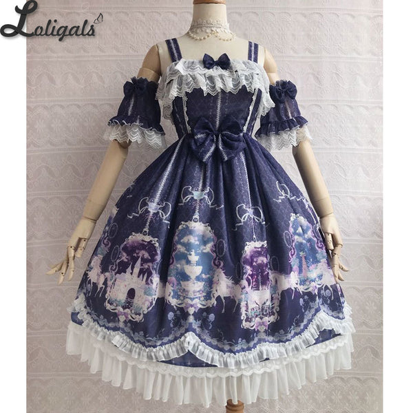 Unicorn's Secret Garden ~ Sweet Printed Lolita JSK Dress w. Detachable Sleeves by Yiliya