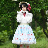 Sweet Peach Printed A line Skirt Mori Girl Short Skirt with Lace Trimming