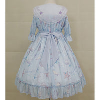 Star Fish & Shells ~ Sweet Printed Lolita Dress Cold Shoulder Short Sleeve Party Dress