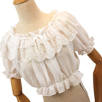 2019 Womens Chiffon Crop Top Summer Short Sleeve Blouse with Lace Detailing