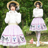 Sweet Butterfly Printed A line Skirt Mori Girl Short Checkered Skirt with Lace Trimming