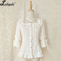 Sweet Chiffon Shirt Ruffled Short Sleeve Criss Cross Lolita Blouse