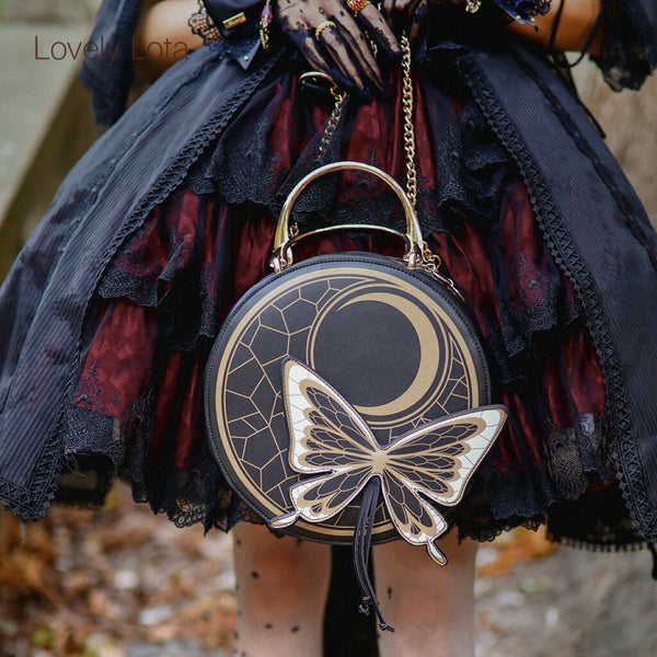 Sweet Round Lolita Satchel Bag with Butterfly Decor by LovelyLota