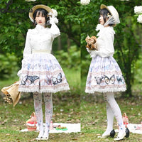 Sweet Butterfly Printed A line Skirt Mori Girl Short Skirt with Lace Trimming